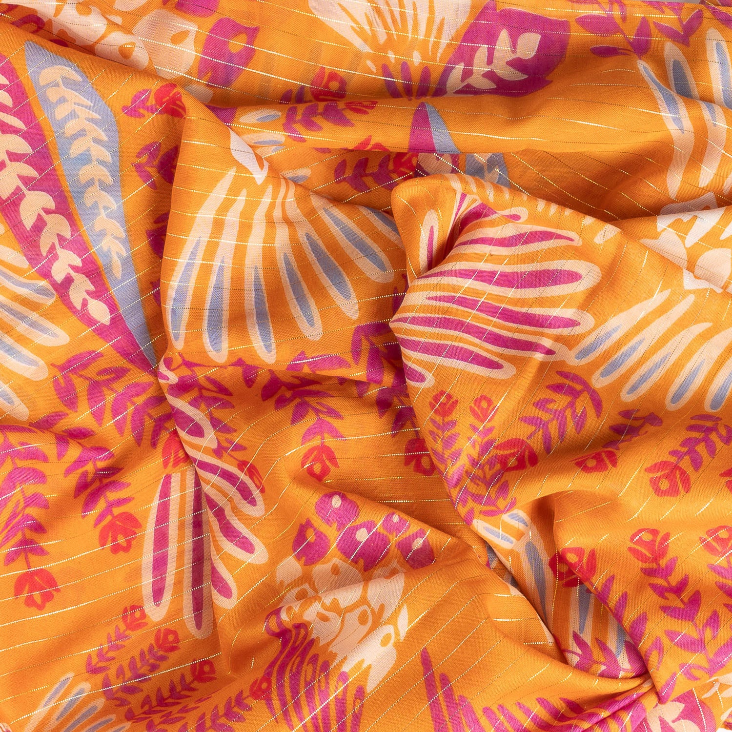 Foulard TEXTO orange motif floral et rayures dorées