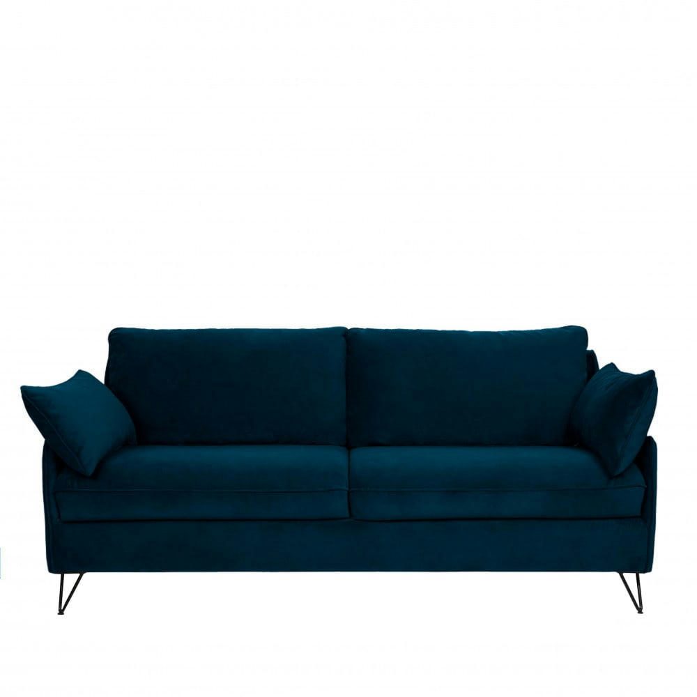 LUNERY - Canapé 4 places convertible en velours pieds épingles noirs bleu nuit