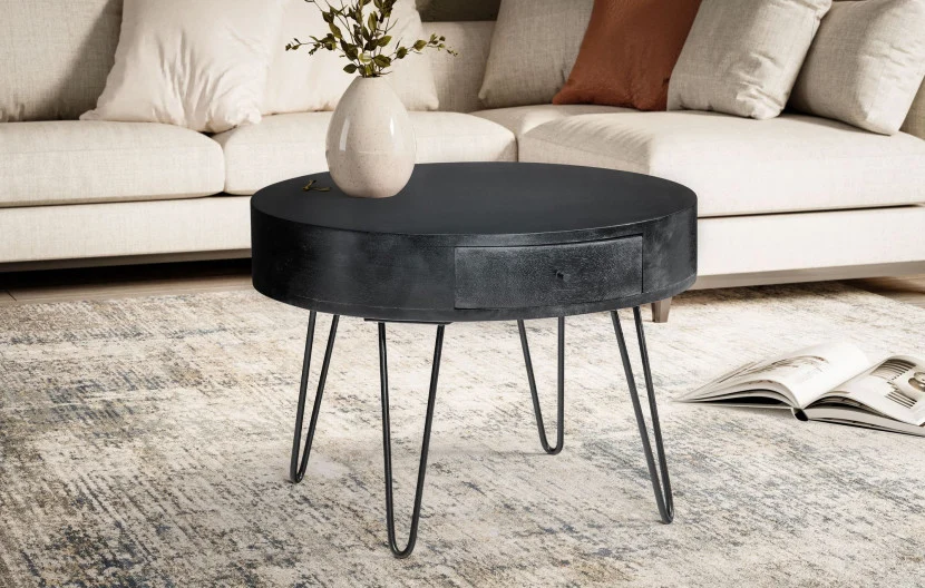 Stolik Kawowy Mango Metal 60x60x43 cm Okrągły z Szufladą do Salonu