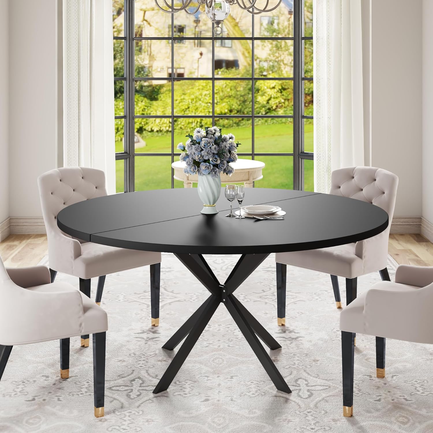 47.24 Round Dining Table, Modern Dining Room Table for 4-6 Person, Wood Round Kitchen Table with Metal Legs, Round Coffee Table for Home Dining Room Living Room (Black)