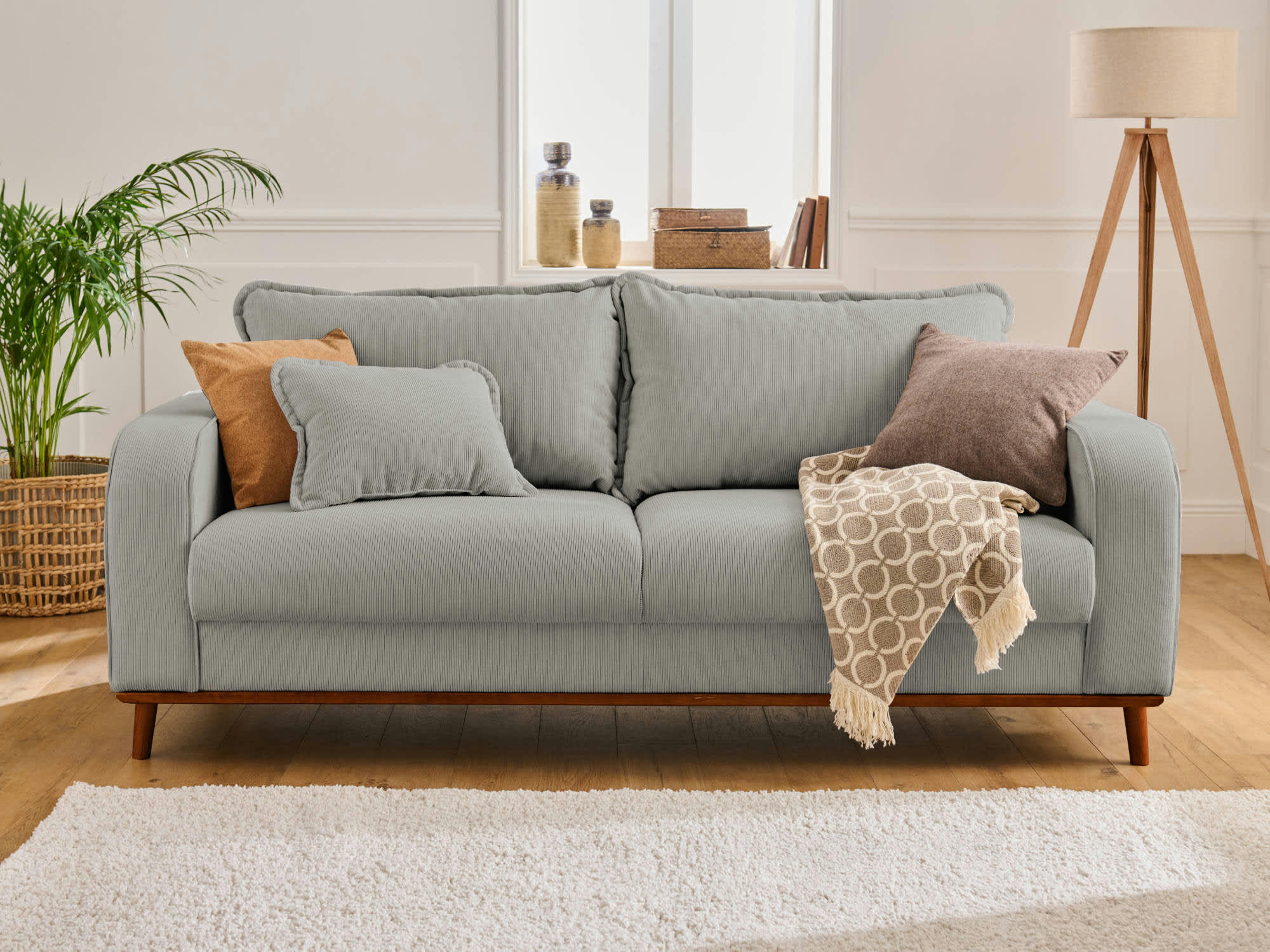 BILLIE - Canapé droit 3 places en velours côtelé gris clair