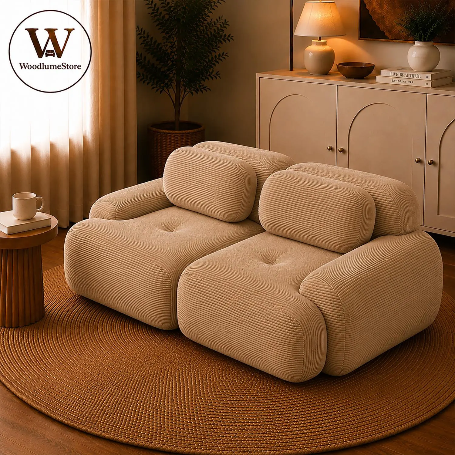 Modular Loveseat Sofa, Corduroy Deep Seat Couch, Modern Seater Sofa for Apartment Living Room.