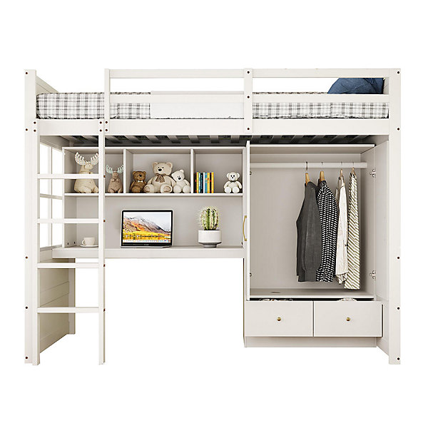Lit mezzanine enfant avec bureau et armoire,90x200cm,blanc,avec échelle et rangement