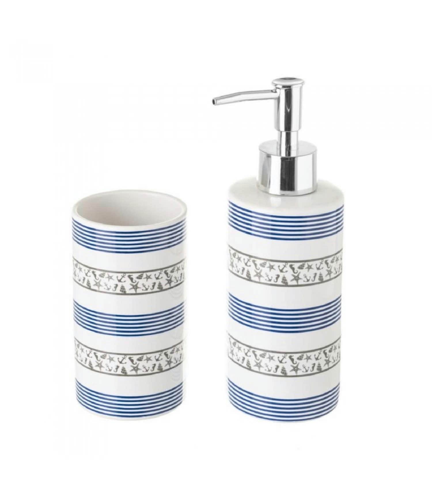 COQUILLAGES - Set de salle de bain bleu et blanc distributeur de savon + verre