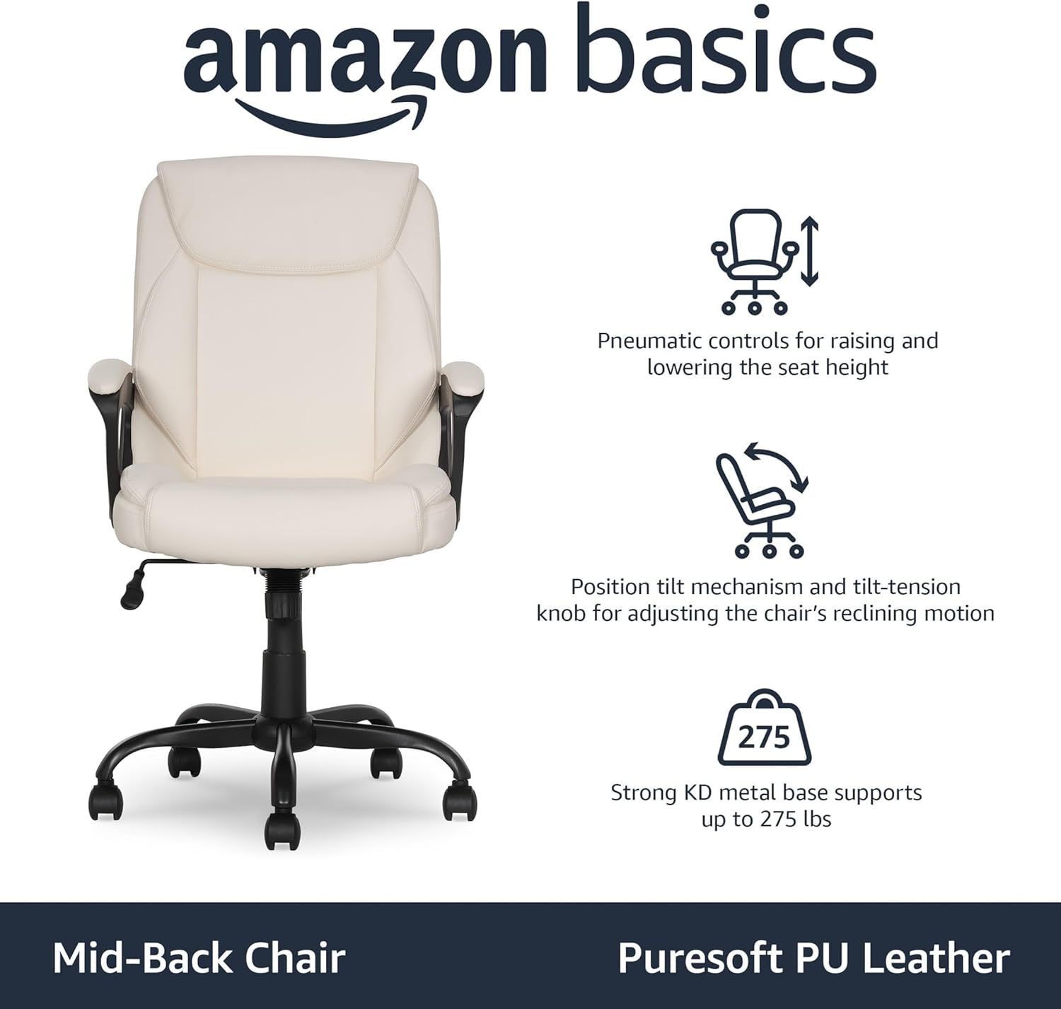 Amazon Basics Classic Puresoft PU Padded Mid-Back Office Chair with Armrest, Height Adjustable, Easy to Assemble, 26D x 23.75W x 42H, Cream