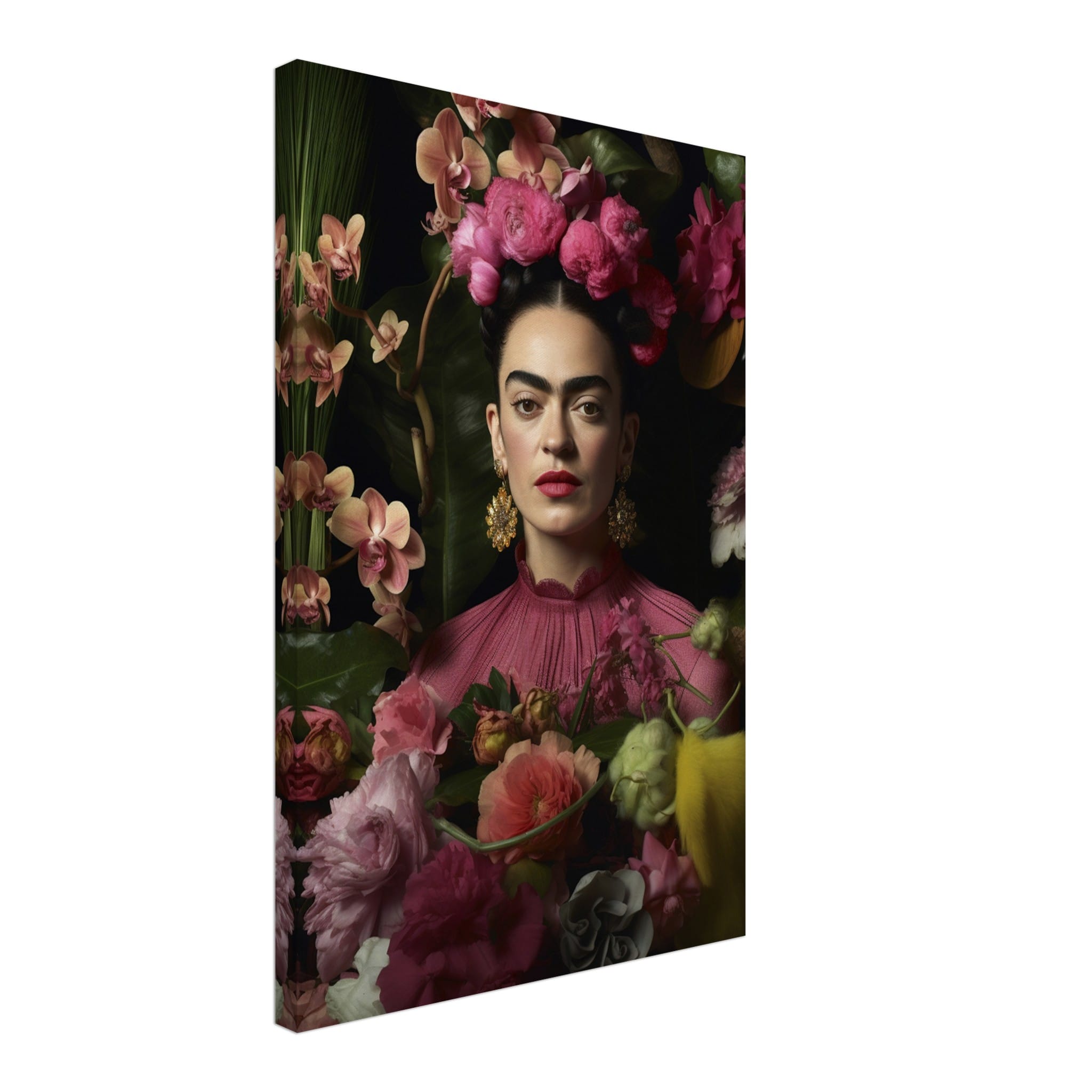 Artfulprints Canvas Frida Kahlo – Floral portrait canvas - 40x60 cm - Roze