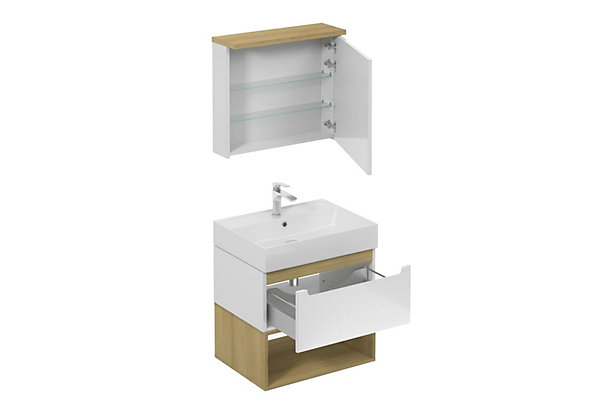 Ensemble de salle de bain avec lavabo comprenant robinet de lavabo, bec et siphon Naturel Stilla blanc brillant (KSETSTILLA010)
