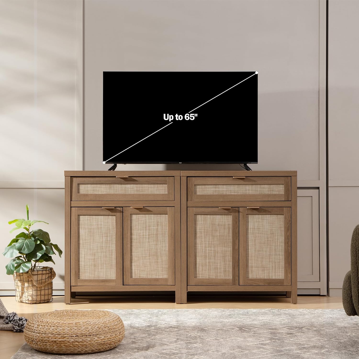 SICOTAS Sideboard Buffet Cabinet Set of 2, Rattan Credenza Storage Cabinet, Boho Buffet Table Console Cabinets with Drawer, Farmhouse Coffee Bar for Entryway Living Room, Natural Oak