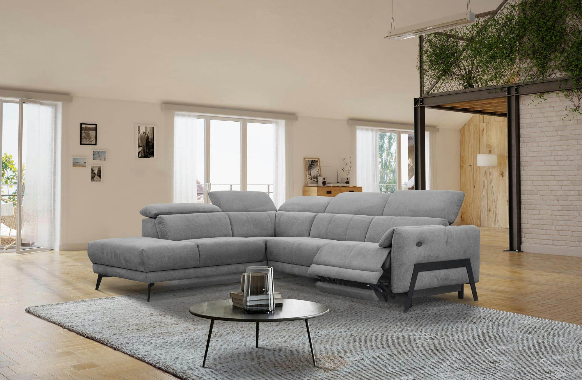 SCALA - Canapé d'angle gauche, 5 places, relax électrique, Tissu Anthracite