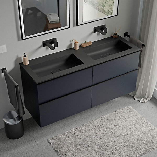 Meuble vasque suspendu MDF Bleu nuit mat, lavabo fonte Noir mat sans trou robinet, poignée Anthracite mat - 120x46x62cm - LAVOA