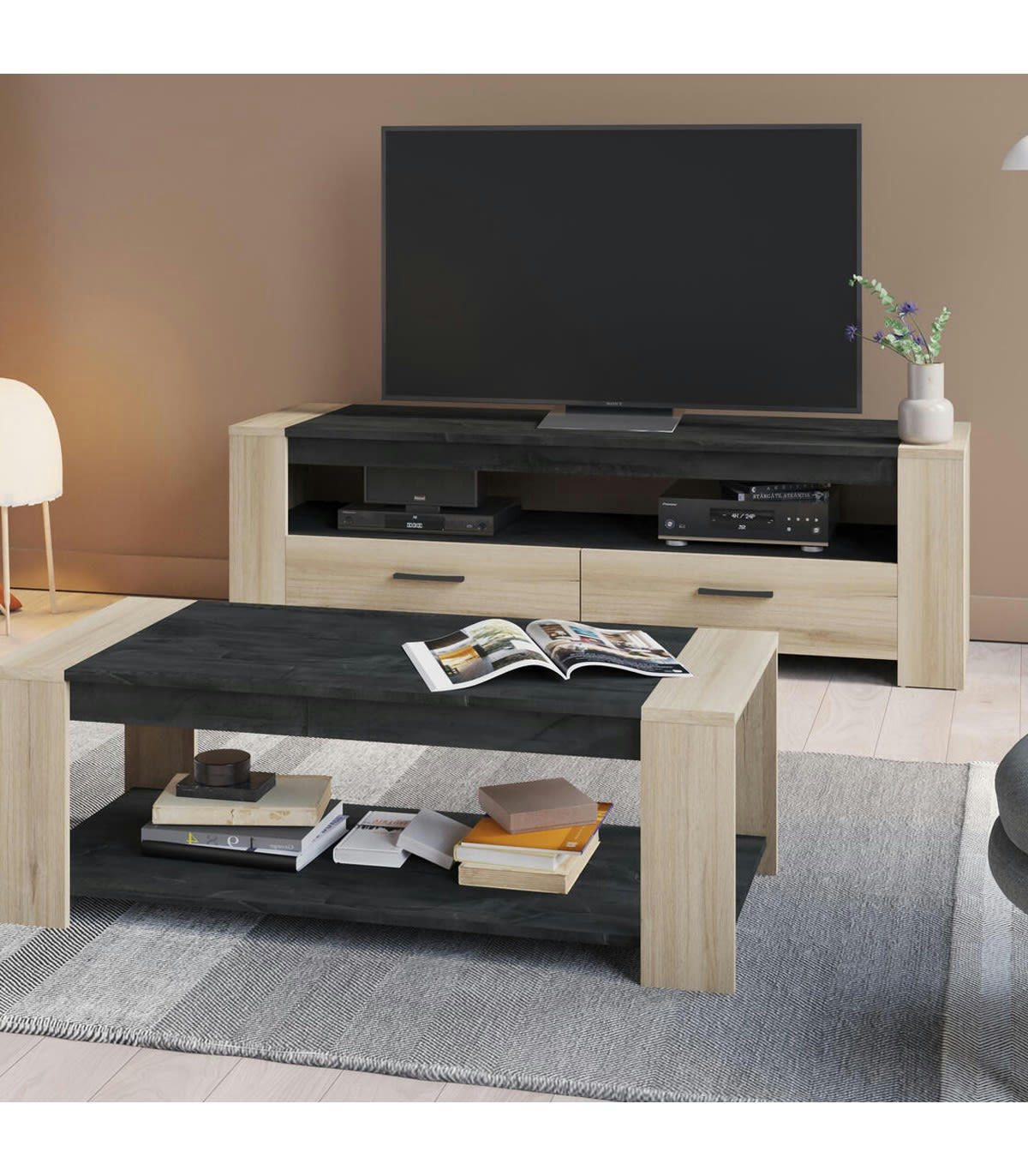 SHEFFIELD - Meuble TV 2 Tiroirs 1 Large Niche L151,7 cm - Décor chêne et ardoise