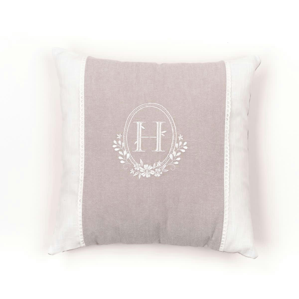 CHARME - Coussin déhoussable brodéet dentelle en coton beige 40x40