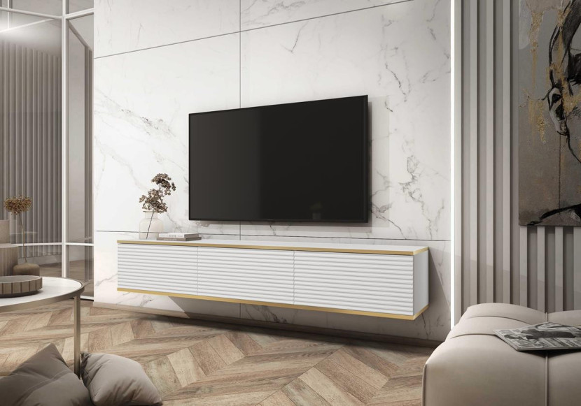 Nowoczesna szafka RTV ORO MDF 175cm biała lamelowane fronty