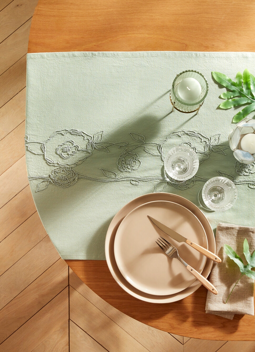 CHEMIN DE TABLE ROSA VERT D'EAU