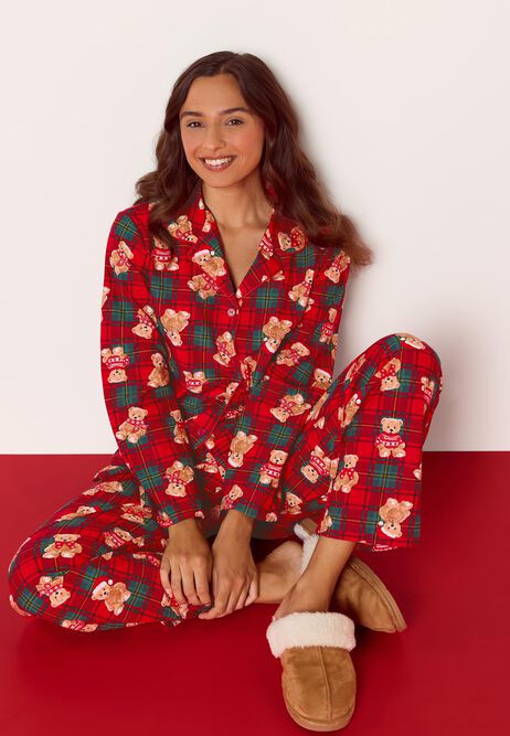 Womens Red Check Teddy Bear Family Pyjama Set