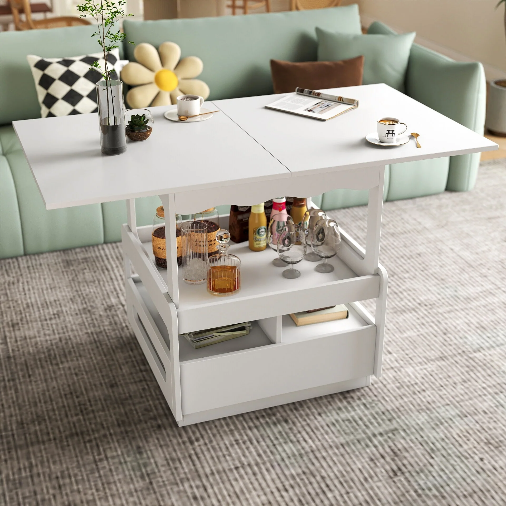 3 in 1 Storage Coffee Table, Modern Convertible Coffee Table with Storage Cabinet, Wood Center Table for Living Room