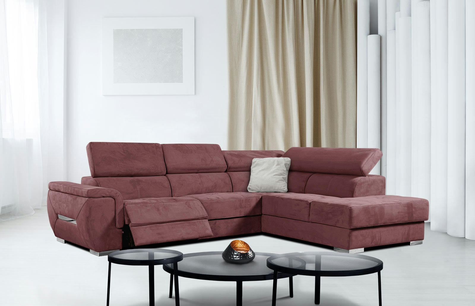 KELTE - Canapé d'angle droit 5 places avec une relaxation tissu rouge