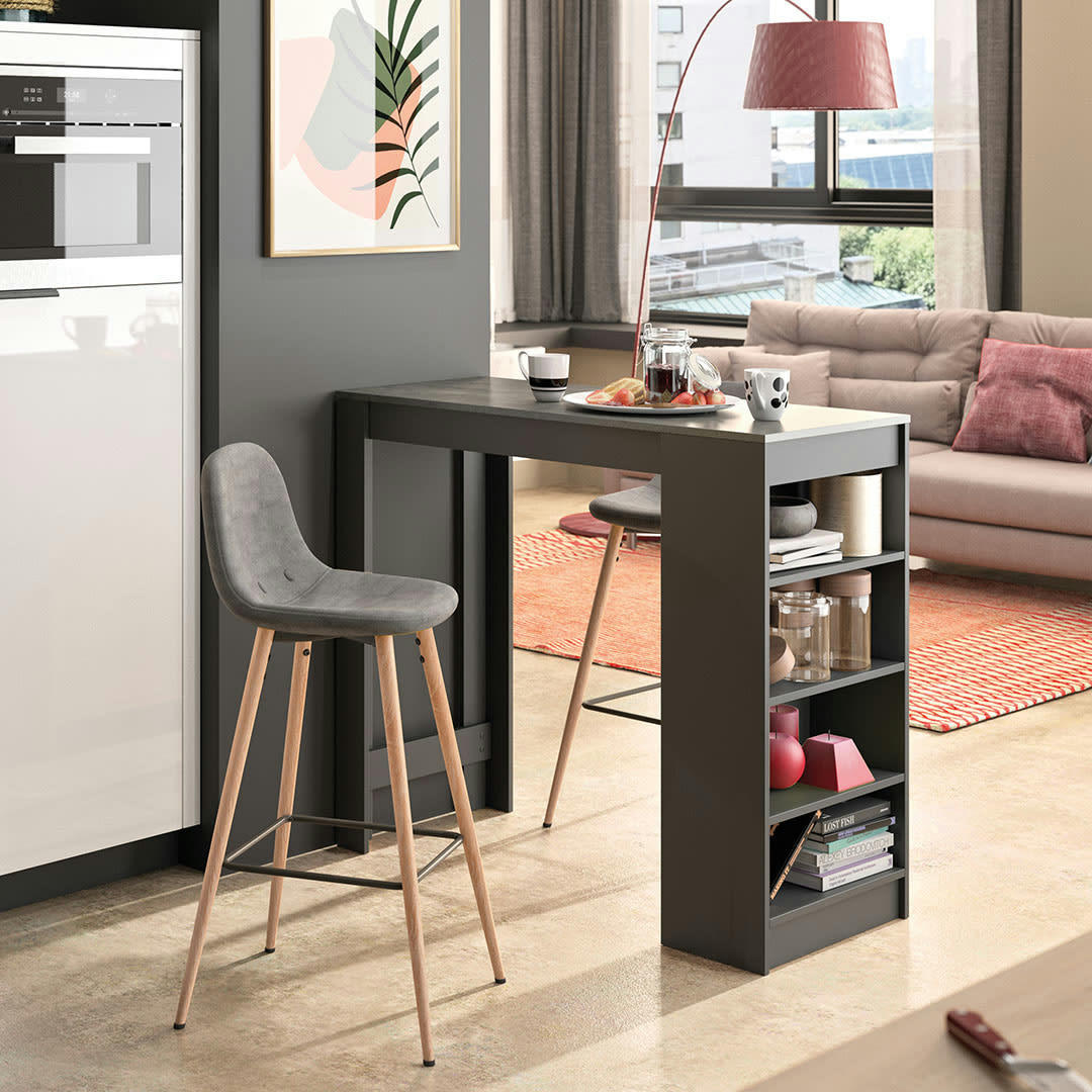 COCOON - Table bar effet bois noir et béton - gris anthracite