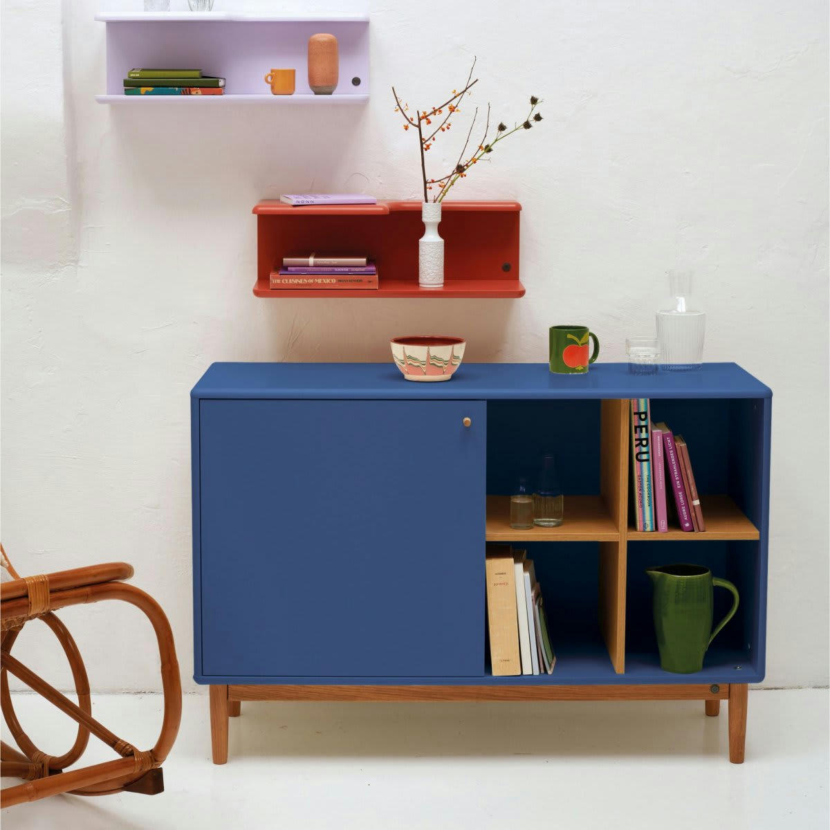 MARCEAU - Buffet 130cm en bois avec placard et niche bleu