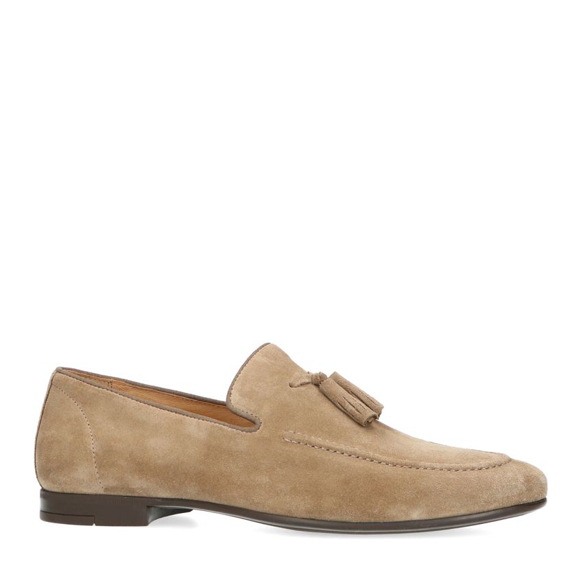 Manfield Taupe suède loafers met kwastjes