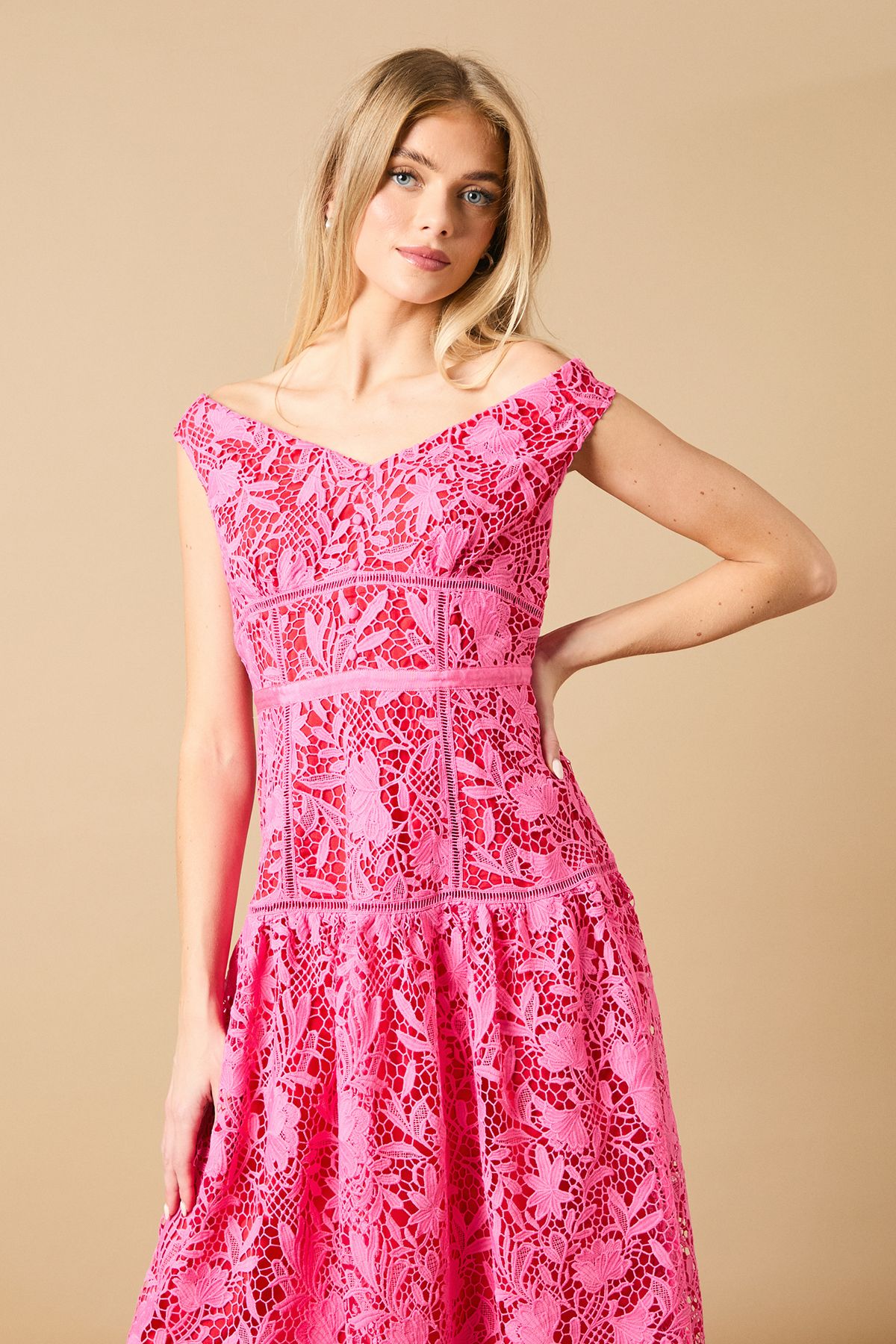 Oasis Floral Lace Off The Shoulder Midi Dress