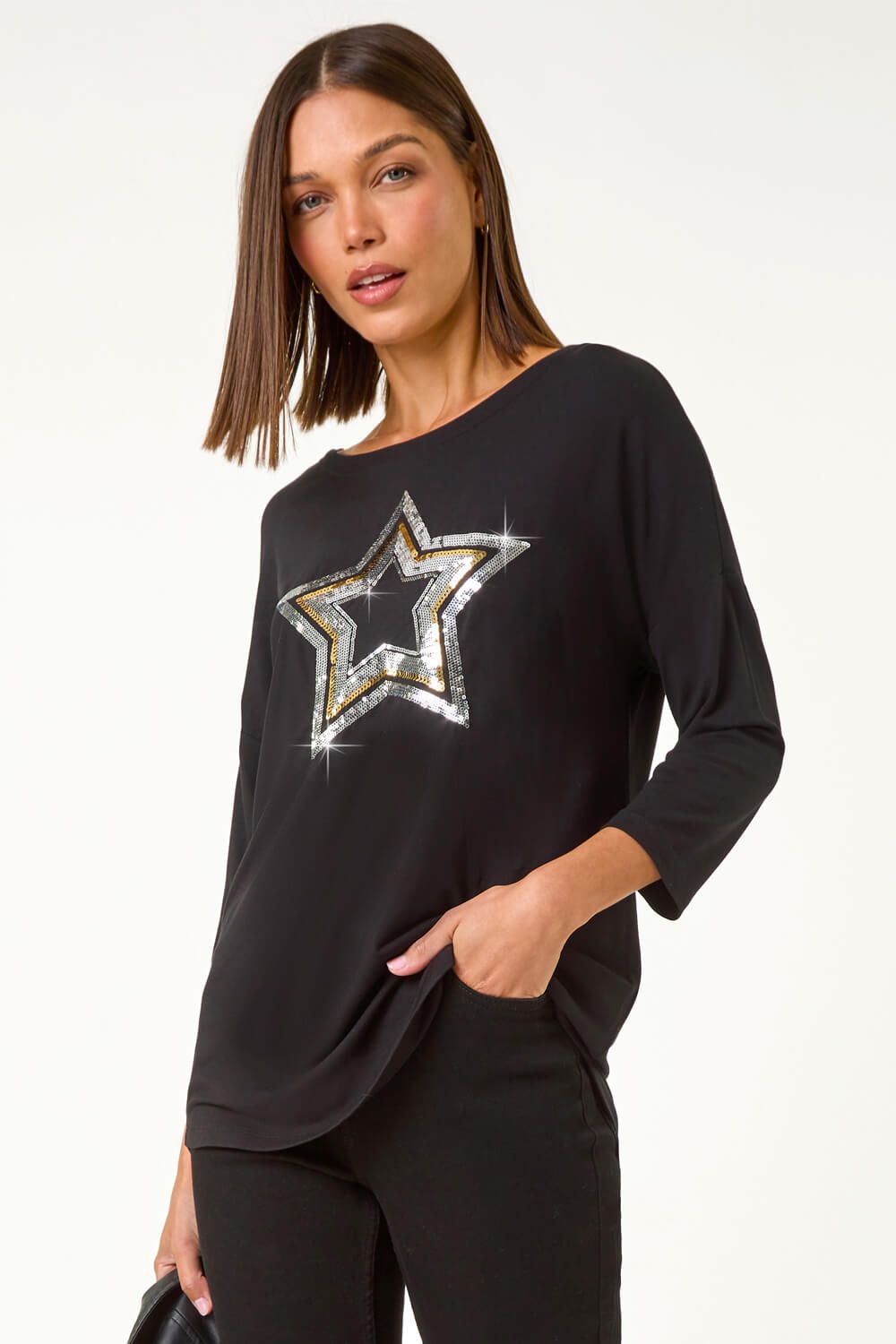 Roman Embellished Sequin Star Stretch Top