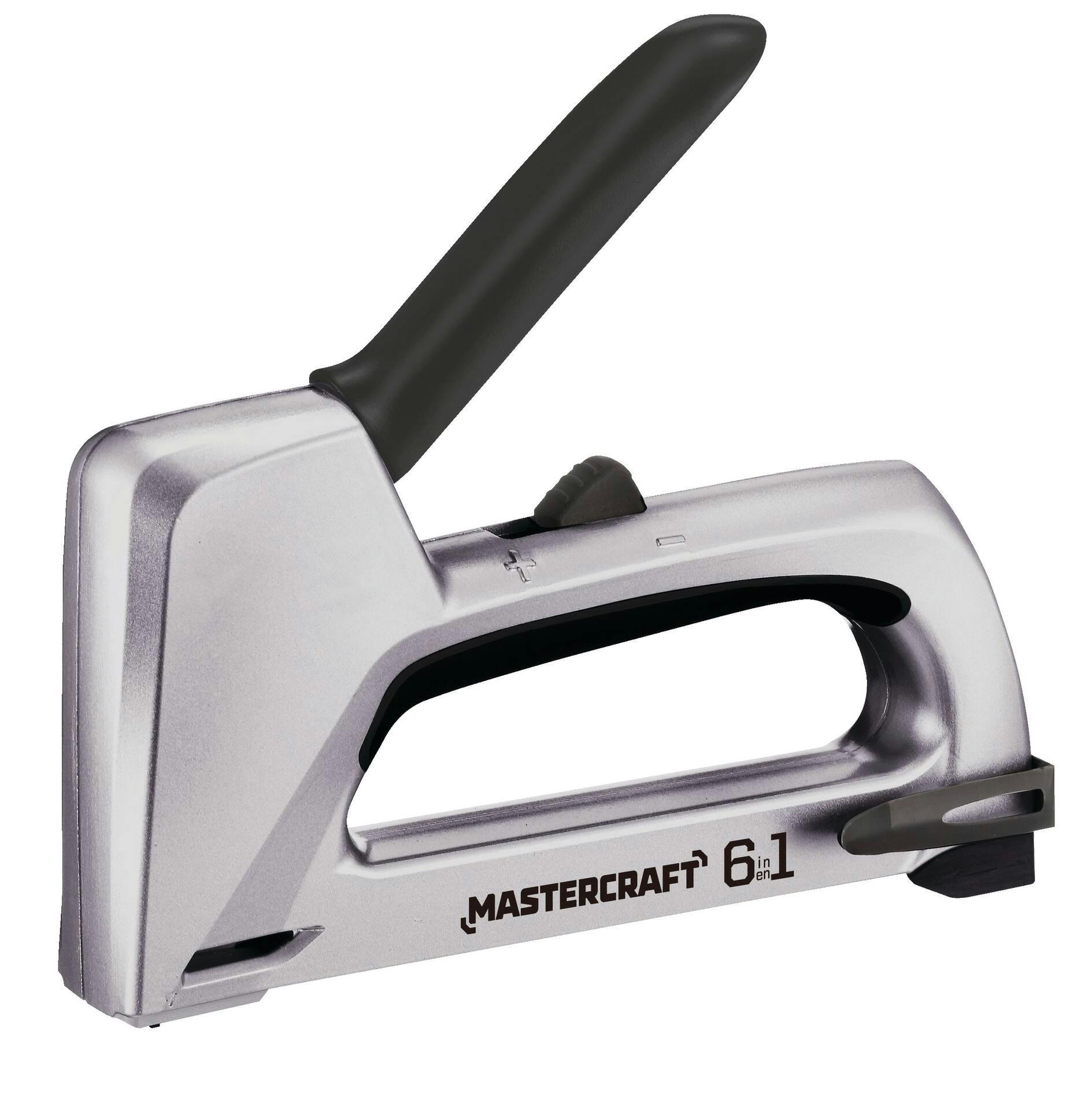 Mastercraft 6-in-1 Staple Gun and Nailer, Fits 5/16-9/16-in T50 Staples, 1/4-9/16-in JT-21 Staples, 7/16-9/16-in T25 Staples, 1/4-9/16-in No. 13 Staples, 5/8-in Brad Nails, and 5/8-in No. 9 pinsGrey
