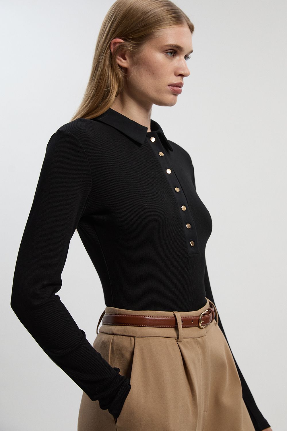 KarenMillen Viscose Rib Jersey Long Sleeve Collared Button Top