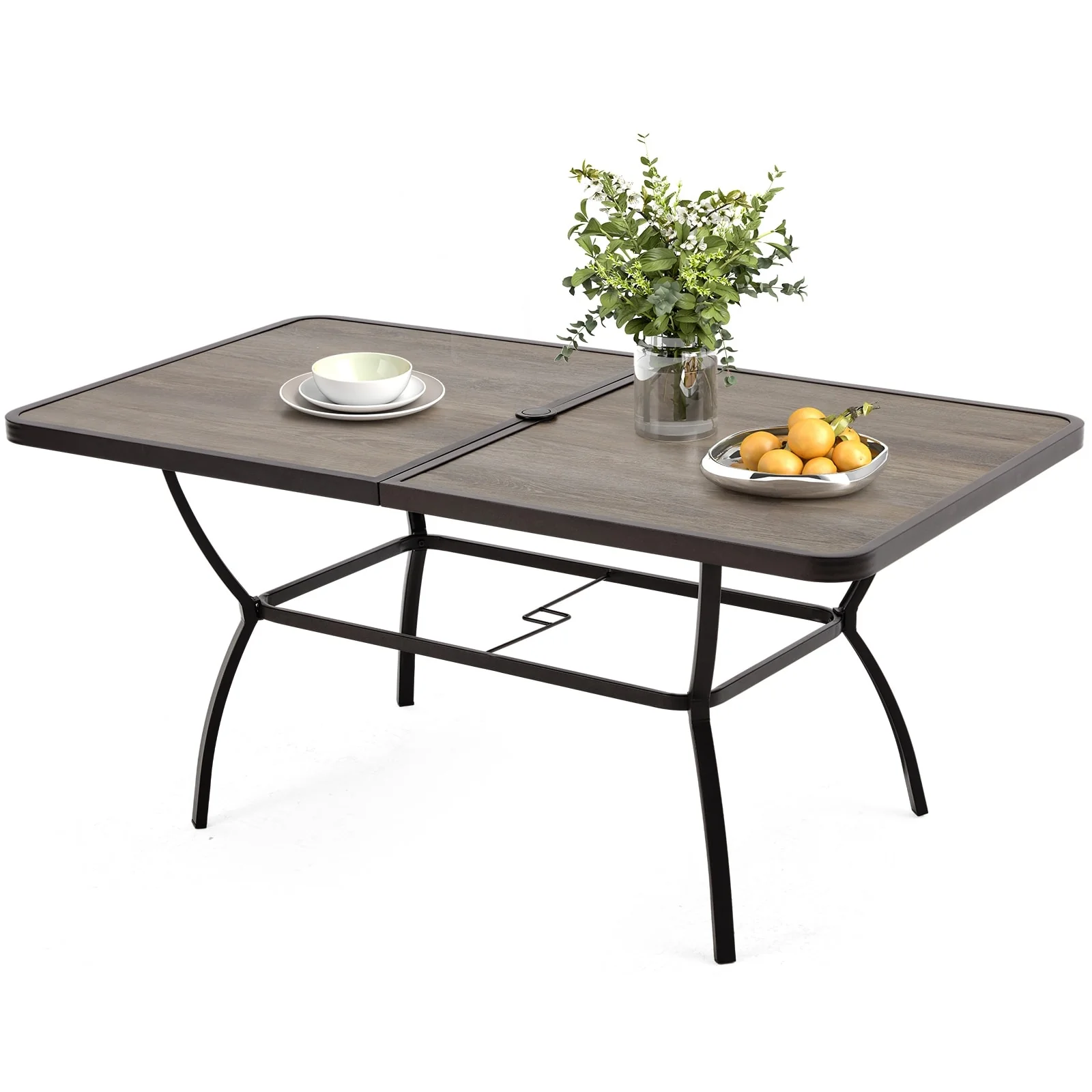 EROMMY Outdoor Dining Set, Swivel Rocking Chairs, Rectangular Table w Umbrella Hole, Patio Furniture Set for Backyard