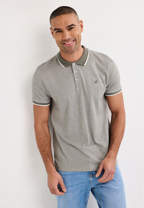 Mens Green Textured Tipped Polo Shirt