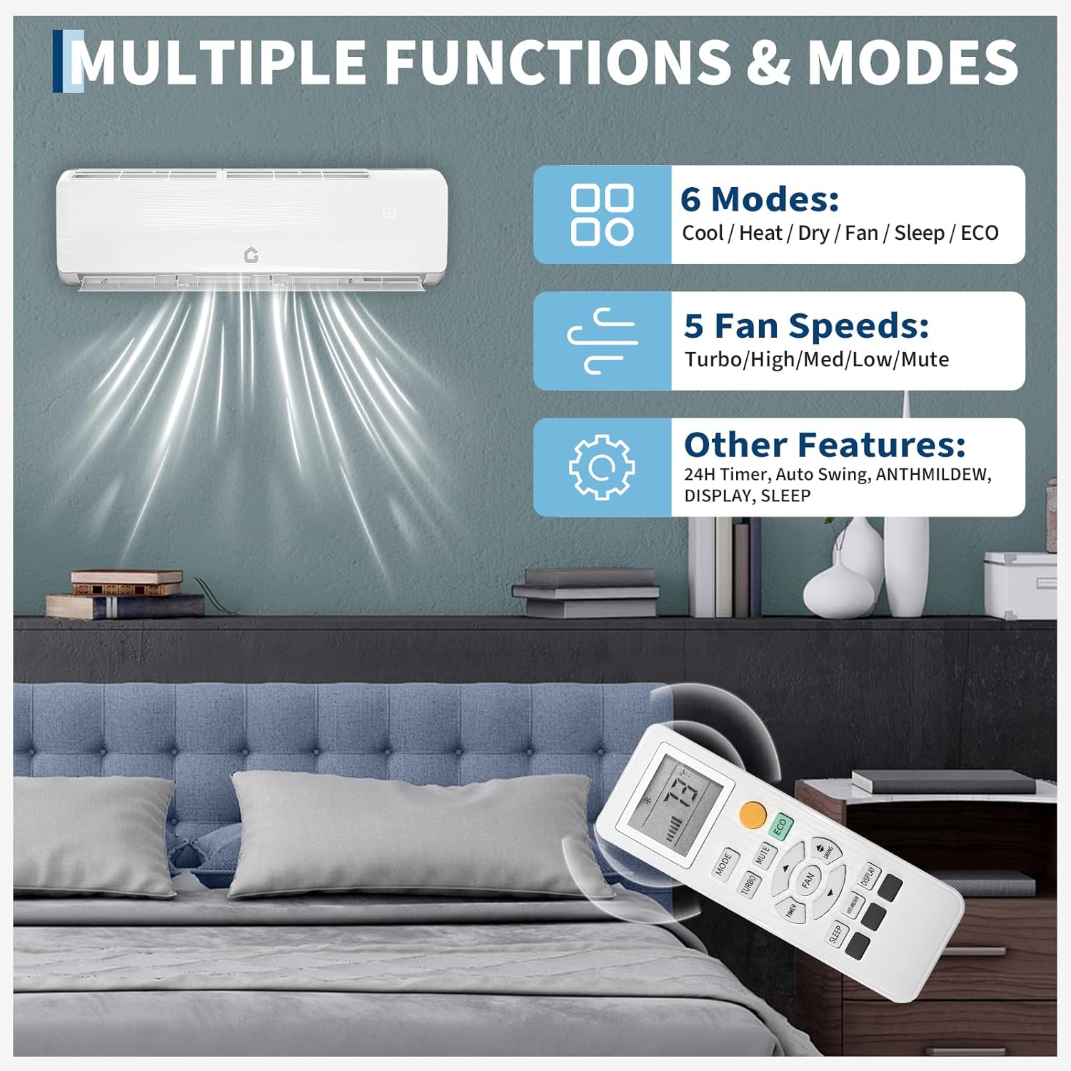 Air Conditioner Split Unit, 12,000 BTU All-Seasonal AC, SEER2 19, 115V, Sleep Mode, Auto Shut-Off, Timer Function, Energy Star Certificated, for Room Up 750 sq ft