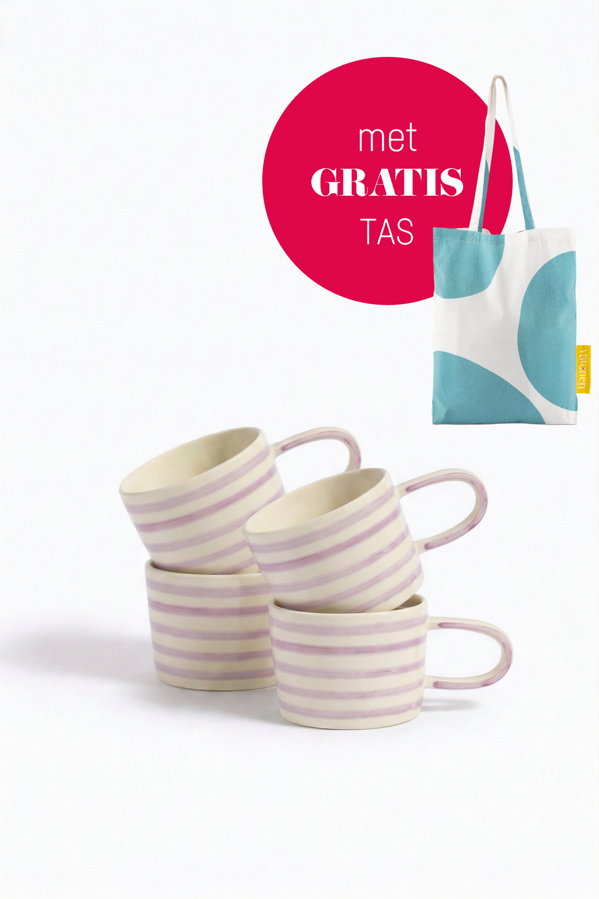 vtwonen - Mokken - Strepen - Lila - Keramiek - 350ml - Set van 4
