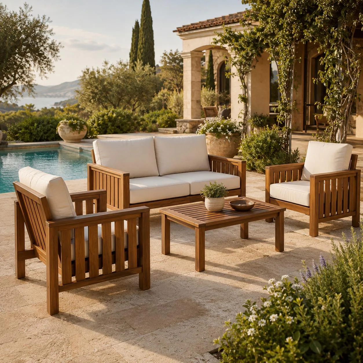Solid Wood Outdoor Patio Furniture, Single Chair, Double Loveseat or Tea Table for Garden, Balcony & Terrace