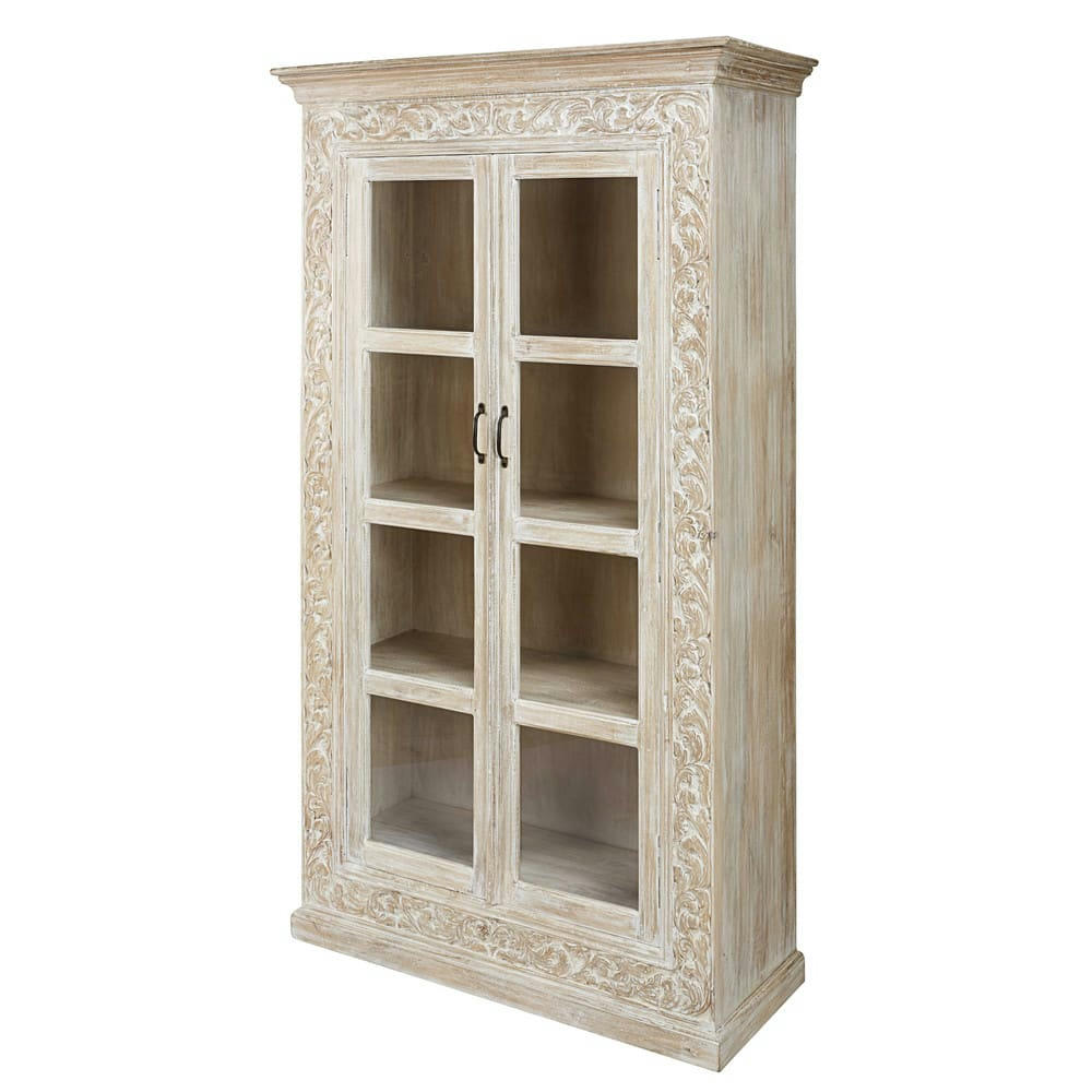 Pushkar - Vitrine sculptée 2 portes en manguier massif blanchi