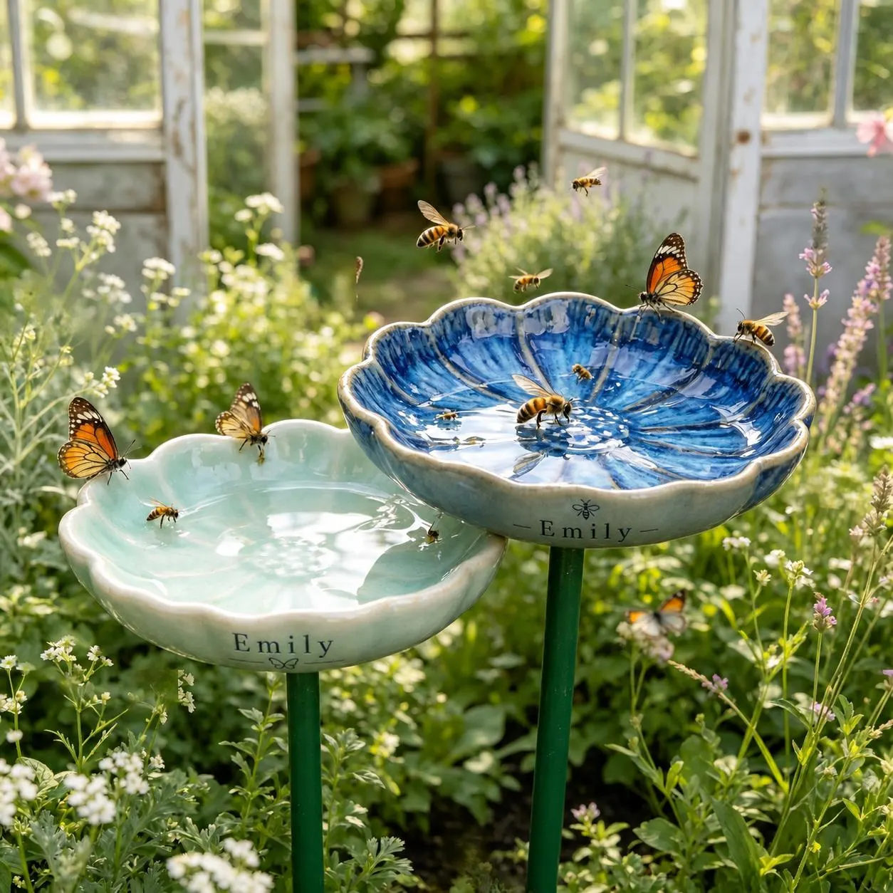 Personalized Ceramic Bee Watering Station, Custom Name Flower Garden Stake, Butterfly Puddler, Pollinator Water Dish, Gardener Gift