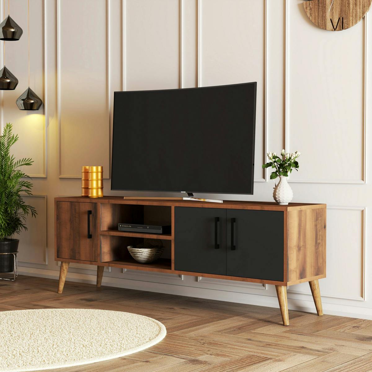 Meuble TV vintage décor bois foncé 2 portes grises UMEA