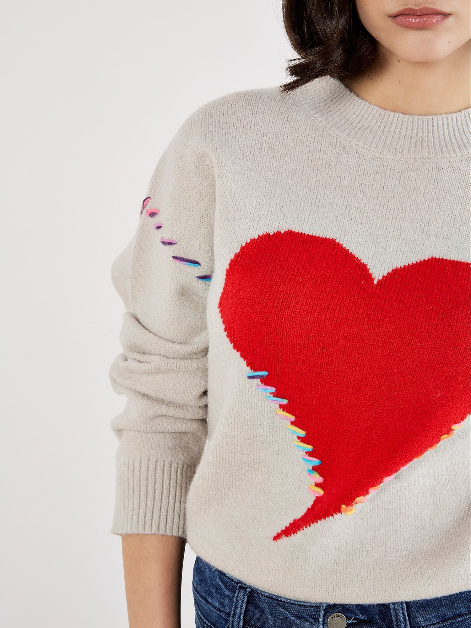 Apricot Colourful Stitch Heart Jumper