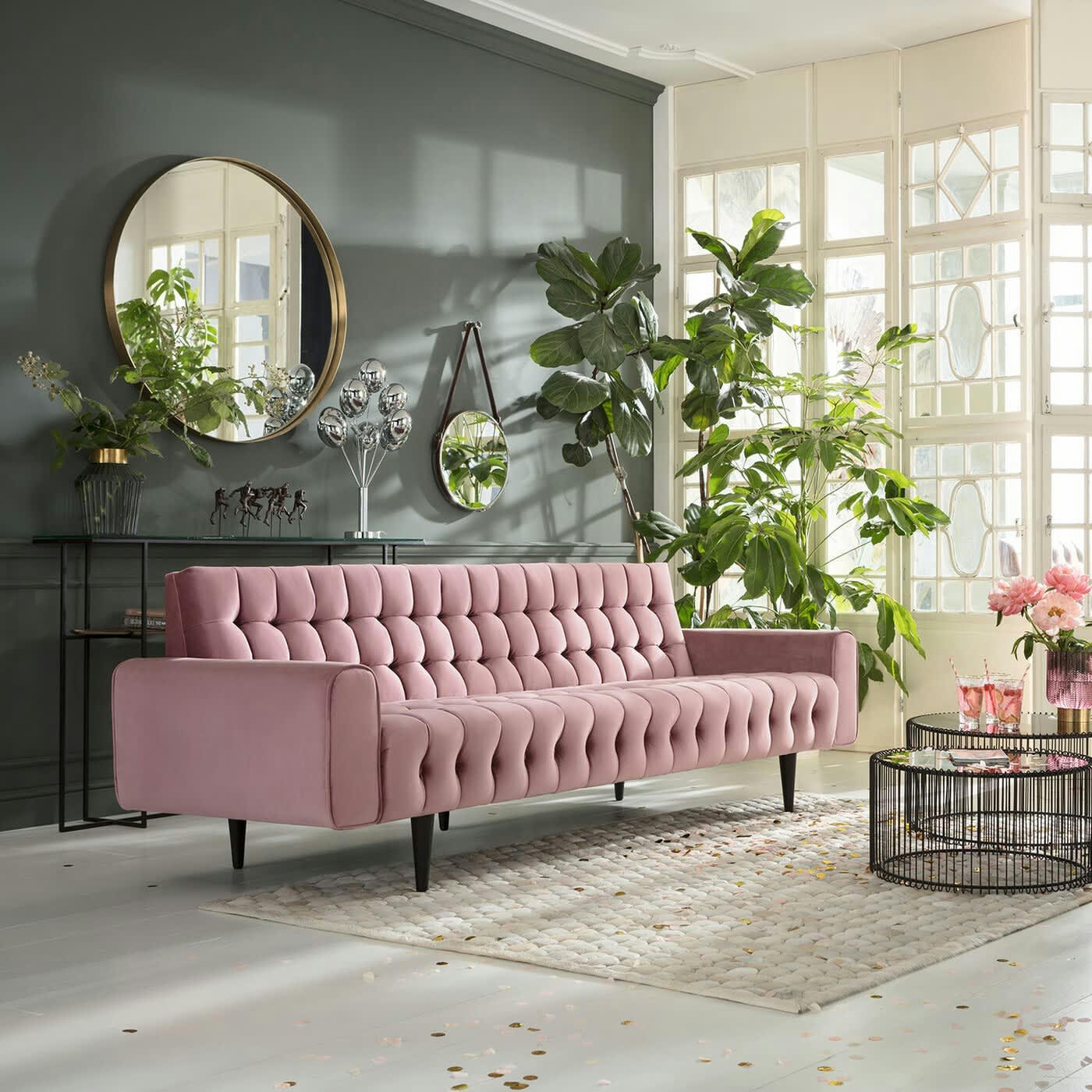 MILCHBAR - Canapé 3 places en velours rose