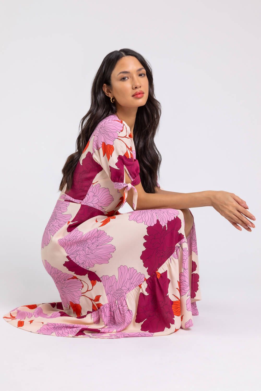 Roman Floral Frill Hem Wrap Midi Dress