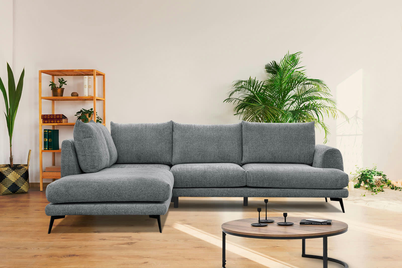 ADRIA - Canapé d'angle gauche 5 places tissu gris moyen