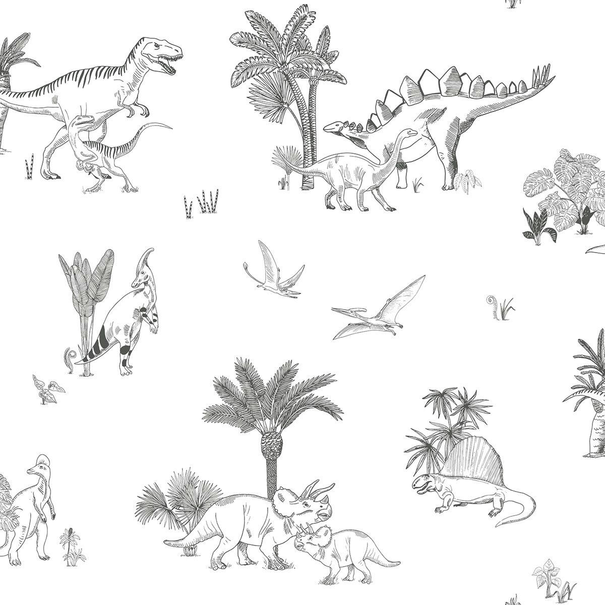 DINOSAURUS - Papier peint dinosaures en Papier Gris 50cm x 10m