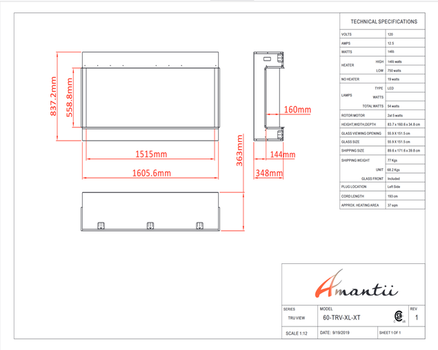 Amantii Smart 60" unit - 14 1/4" in depth 3 sided glass fireplace