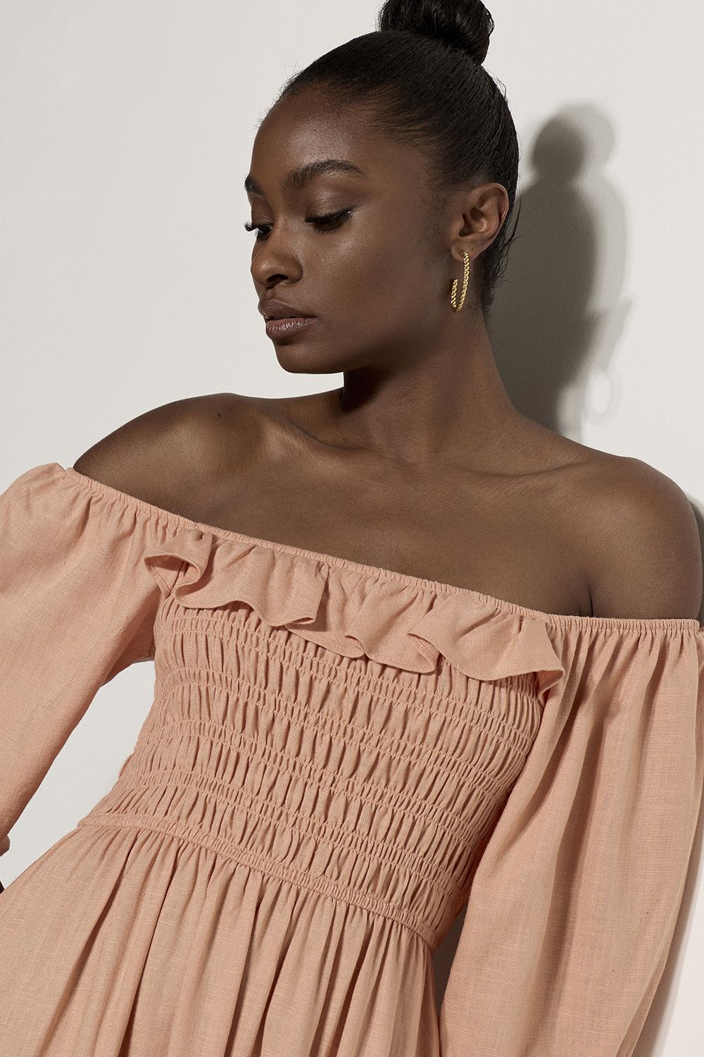 Apricot Smocked Bardot Midi Dress