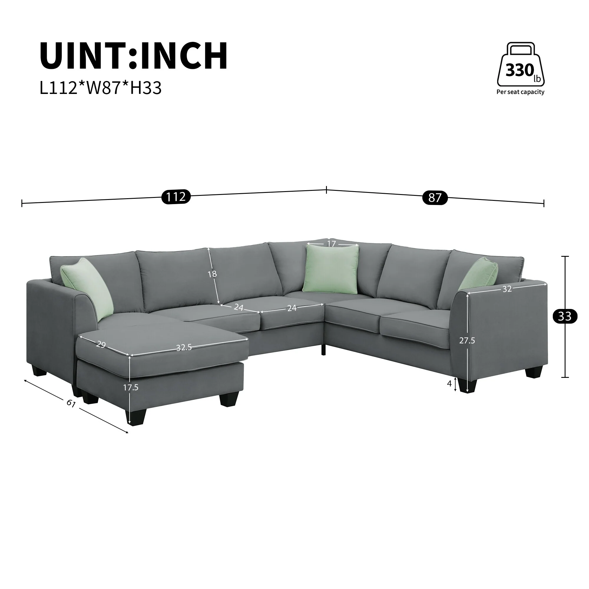 Grey 112'' Spacious L-Shaped 7-Seat Modular Sectional Sofa with Ottoman and 3 Pillows, Sturdy Wood and Metal Frame