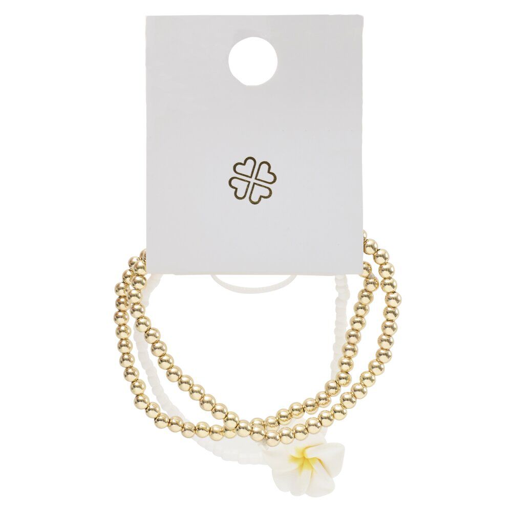 Bracelet x3 perles blanches et dorées avec fleur de tiaré
