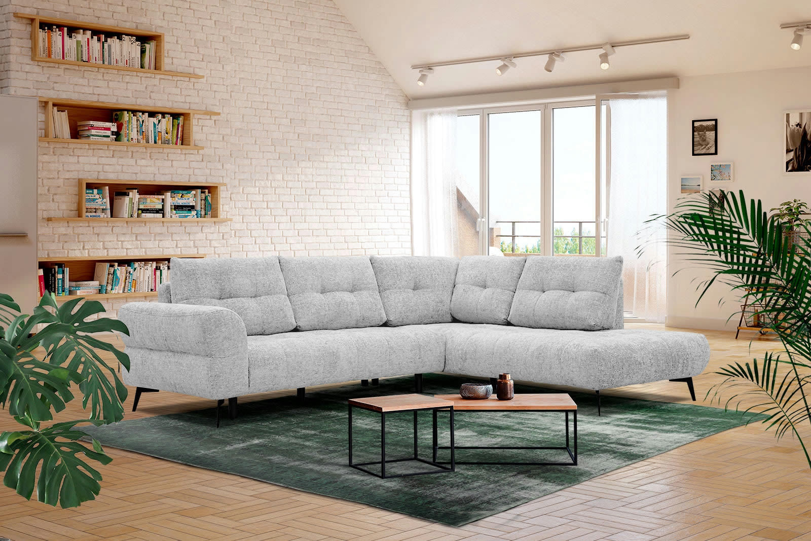 SALVINI - Canapé d'angle droit 5 places tissu gris clair