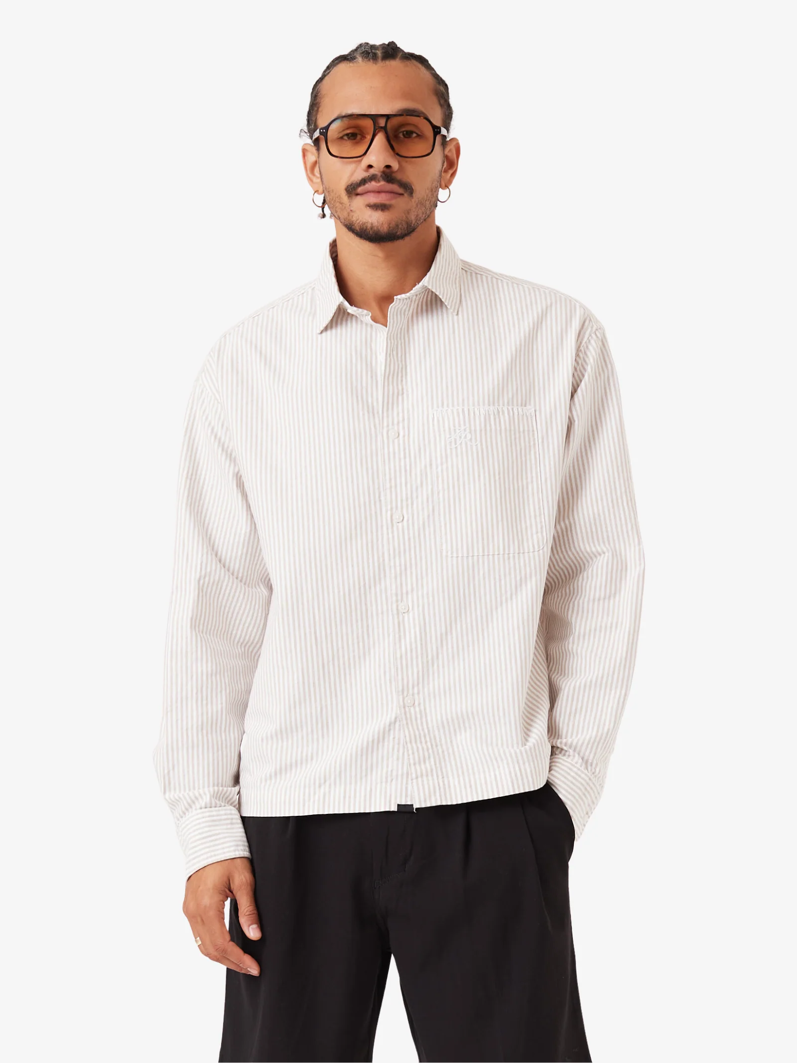Overlap Crop Ls Shirt - White Pinstripe