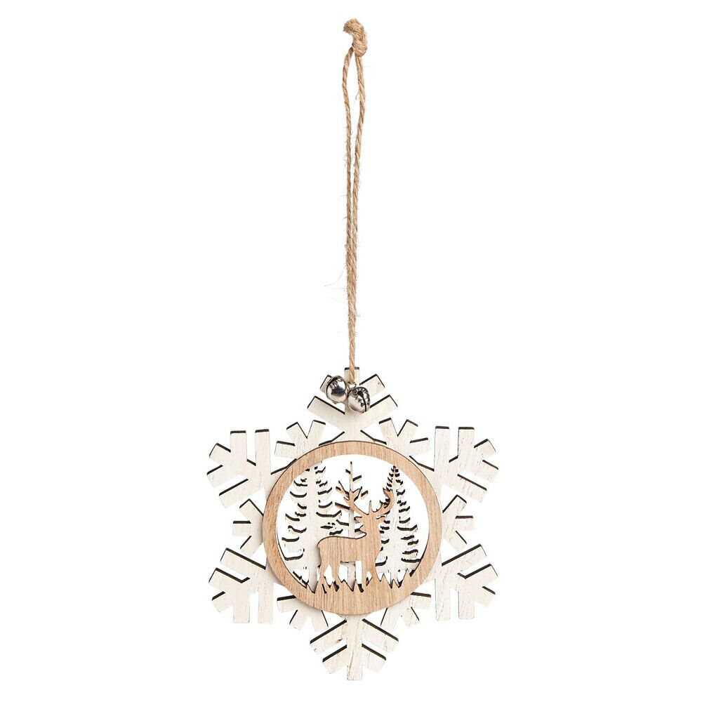 Suspension village de No&euml;l dans flocon en bois H12cm - 2 modèles