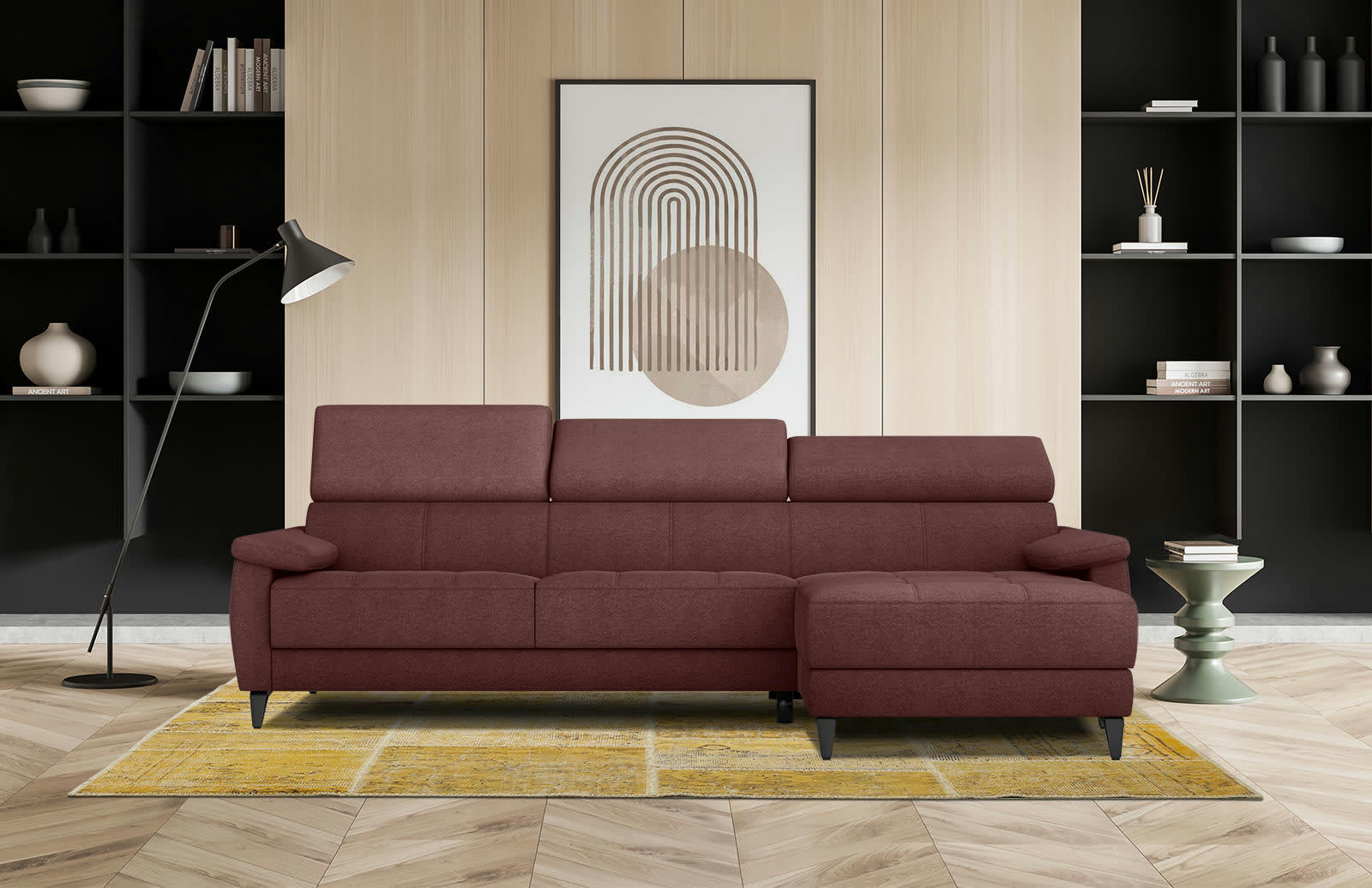 TAUNUS - Canapé d'angle droit 4 places bordeaux