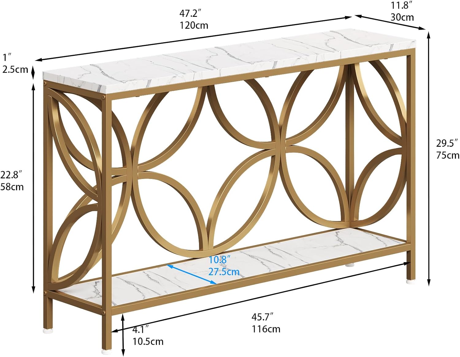 GiftGo Narrow Sofa Table 47.2 Inch, Industrial Sofa Table Behind Couch, Vintage Entry Console Table with Storage for Entryway, Living Room, Foyer, Elegant Design (White and Gold, 47.2)